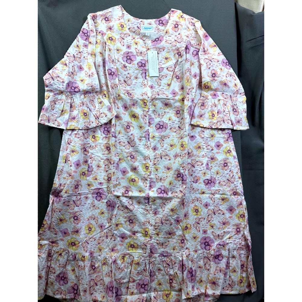 National Women 3X Butterfly Floral Zip Front Lounger Robe Clip Dot Purple Yellow